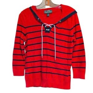 Lauren Active Red Striped lace up hooded waffled Sweater Long Sleeve Knitted